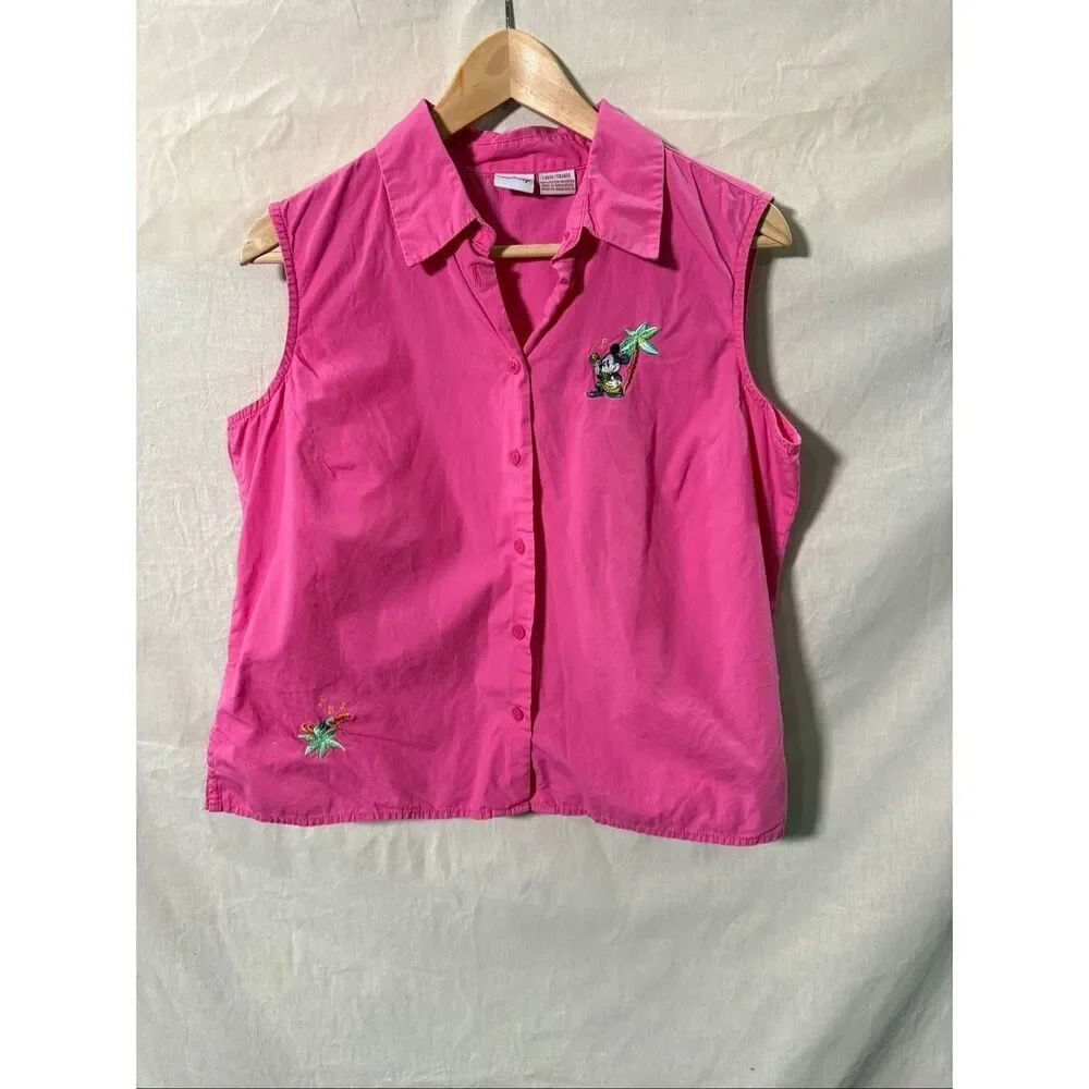 VTG Disney Minnie Mouse Sleeveless Button Front Shirt Womens Large Pink Cotton